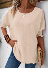 Raw white tops,Plain Color tops,Smocked Raw White Round Neck T Shirt