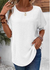 White tops,Plain Color tops,ROTITA Smocked White Round Neck Half Sleeve T Shirt