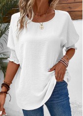 White tops,Plain Color tops,ROTITA Smocked White Round Neck Half Sleeve T Shirt