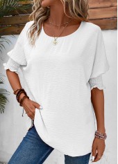 White tops,Plain Color tops,ROTITA Smocked White Round Neck Half Sleeve T Shirt