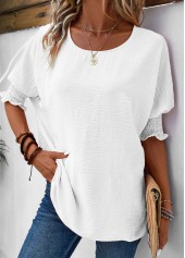 White tops,Plain Color tops,ROTITA Smocked White Round Neck Half Sleeve T Shirt