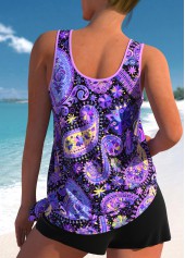 Purple swimwear,Paisley swimwear,ROTITA Bowknot Purple Paisley Print Mid Waisted Tankini Set