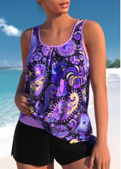 Purple swimwear,Paisley swimwear,ROTITA Bowknot Purple Paisley Print Mid Waisted Tankini Set