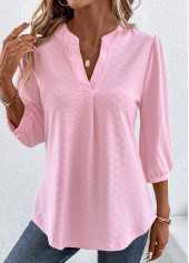 Pink tops,Plain Color tops,ROTITA Ruched Pink Split Neck T Shirt