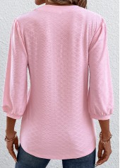 Pink tops,Plain Color tops,ROTITA Ruched Pink Split Neck T Shirt