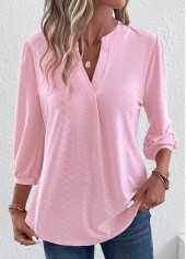 Pink tops,Plain Color tops,ROTITA Ruched Pink Split Neck T Shirt