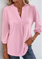 Pink tops,Plain Color tops,ROTITA Ruched Pink Split Neck T Shirt