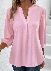 Pink tops,Plain Color tops,ROTITA Ruched Pink Split Neck T Shirt