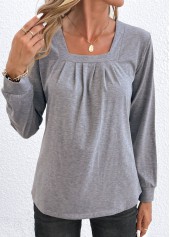 Light Grey tops,Plain Color tops,Ruched Light Grey Square Neck T Shirt