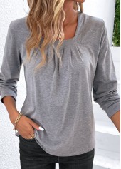 Light Grey tops,Plain Color tops,Ruched Light Grey Square Neck T Shirt