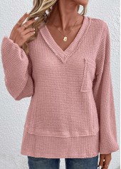 Pink tops,Plain Color tops,Patchwork Pink V Neck Long Sleeve T Shirt