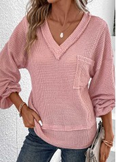 Pink tops,Plain Color tops,Patchwork Pink V Neck Long Sleeve T Shirt