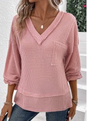 Pink tops,Plain Color tops,Patchwork Pink V Neck Long Sleeve T Shirt