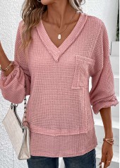 Pink tops,Plain Color tops,Patchwork Pink V Neck Long Sleeve T Shirt