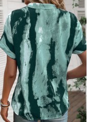 Turquoise tops,Graphic tops,ROTITA Lightweight Ink Painting Print Turquoise Split Neck Blouse