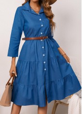 Denim Blue dresses,Plain Color dresses,Everyday dresses,Casual dresses,Button Denim Blue Belted Shirt Collar Dress
