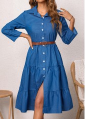 Denim Blue dresses,Plain Color dresses,Everyday dresses,Casual dresses,Button Denim Blue Belted Shirt Collar Dress
