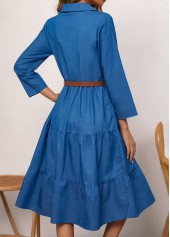 Denim Blue dresses,Plain Color dresses,Everyday dresses,Casual dresses,Button Denim Blue Belted Shirt Collar Dress