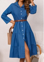 Denim Blue dresses,Plain Color dresses,Everyday dresses,Casual dresses,Button Denim Blue Belted Shirt Collar Dress