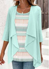 Mint Green tops,Geometric tops,Striped tops,ROTITA Fake 2in1 Geometric Print Mint Green Blouse