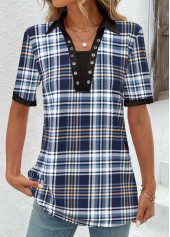 Blue tops,Plaid tops,Striped tops,Geometric tops,Ombre tops,ROTITA Eyelet Plaid Blue V Neck T Shirt
