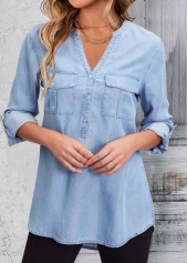 Denim Blue tops,Plain Color tops,ROTITA Pocket Denim Blue Split Neck Long Sleeve Blouse