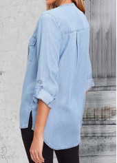 Denim Blue tops,Plain Color tops,ROTITA Pocket Denim Blue Split Neck Long Sleeve Blouse