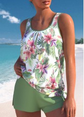 Sage Green swimwear,Plants swimwear,Floral swimwear,ROTITA Bowknot Sage Green Tropical Plants Print Tankini Set
