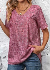 Pink tops,Ditsy Floral tops,ROTITA Ruched Ditsy Floral Print Pink V Neck Blouse