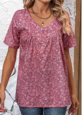 Pink tops,Ditsy Floral tops,ROTITA Ruched Ditsy Floral Print Pink V Neck Blouse