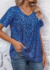 Sky Blue tops,Ditsy Floral tops,ROTITA Ruched Ditsy Floral Print Sky Blue V Neck Blouse