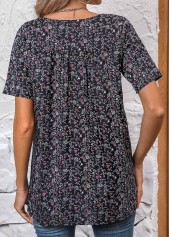 Black tops,Ditsy Floral tops,ROTITA Ruched Ditsy Floral Print Black V Neck Blouse