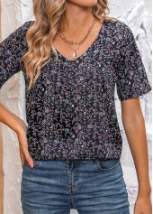 Black tops,Ditsy Floral tops,ROTITA Ruched Ditsy Floral Print Black V Neck Blouse