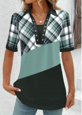 Sage Green tops,Plaid tops,Geometric tops,Striped tops,ROTITA Eyelet Plaid Sage Green Stand Collar Short Sleeve Blouse