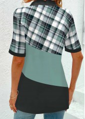 Sage Green tops,Plaid tops,Geometric tops,Striped tops,ROTITA Eyelet Plaid Sage Green Stand Collar Short Sleeve Blouse