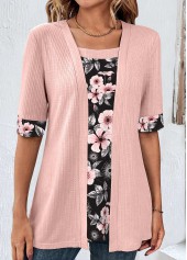 Light Pink tops,Floral tops,ROTITA Patchwork Floral Print Light Pink Fake Two Piece Twinset