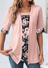ROTITA Patchwork Floral Print Light Pink Fake Two Piece Twinset