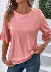 Pink tops,Plain Color tops,ROTITA Button Pink Round Neck T Shirt
