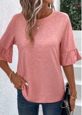 Pink tops,Plain Color tops,ROTITA Button Pink Round Neck T Shirt
