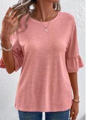 Pink tops,Plain Color tops,ROTITA Button Pink Round Neck T Shirt