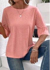 Pink tops,Plain Color tops,ROTITA Button Pink Round Neck T Shirt