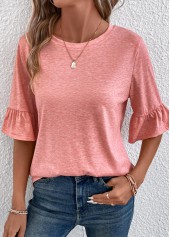 Pink tops,Plain Color tops,ROTITA Button Pink Round Neck T Shirt