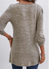 Light Camel tops,Plain Color tops,Ruched Light Camel Square Neck Long Sleeve T Shirt