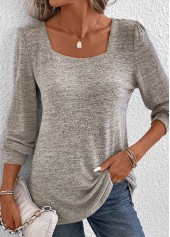 Light Camel tops,Plain Color tops,Ruched Light Camel Square Neck Long Sleeve T Shirt