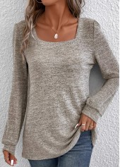 Light Camel tops,Plain Color tops,Ruched Light Camel Square Neck Long Sleeve T Shirt