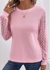 Pink tops,Plain Color tops,Lace Pink Round Neck Long Sleeve T Shirt