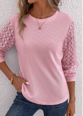 Pink tops,Plain Color tops,Lace Pink Round Neck Long Sleeve T Shirt