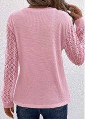 Pink tops,Plain Color tops,Lace Pink Round Neck Long Sleeve T Shirt