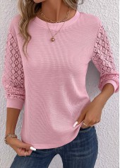 Pink tops,Plain Color tops,Lace Pink Round Neck Long Sleeve T Shirt