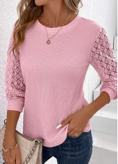 Pink tops,Plain Color tops,Lace Pink Round Neck Long Sleeve T Shirt